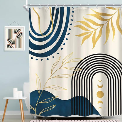 MESHELLY Navy Blue Boho Shower Curtain 60Wx72H Gold Leaves Moon Phase Minimalist Arch Bathroom Curtain Modern Bath Curtain Cloth Fabric Abstract Mid Century Bathroom Accessories Decor with 12 Hooks