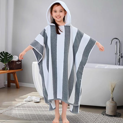 VOOVA & MOVAS Quick Dry Hooded Beach Towels for Boys| Girls | Teens (8-16Years), Absorbent 100% Cotton Thick Poncho Towel Robe for Kids, Perfect for Pool, Beach, Bath and Gifts, Gray White Stripe