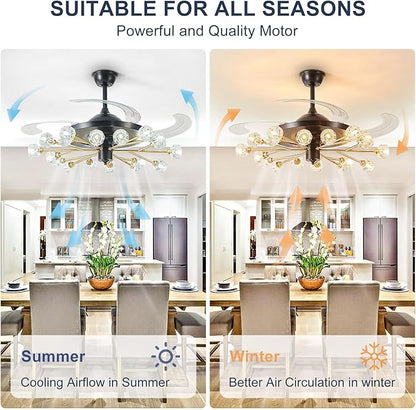 Sputnik Fandelier Ceiling Fan: 48" Gold Chandelier with Fan and Remote for Living Room - 18 Lights Black Fandelier for Bedroom - Retractable Crystal Ceiling Fans with Lights Farmhouse