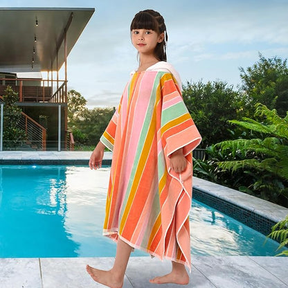 VOOVA & MOVAS Big Kids Hooded Poncho Towels for Teens (8-16Years), 100% Cotton Thick Poncho Towel, Perfect for Pool, Beach, Bath,Pink Blue Purple Stripe