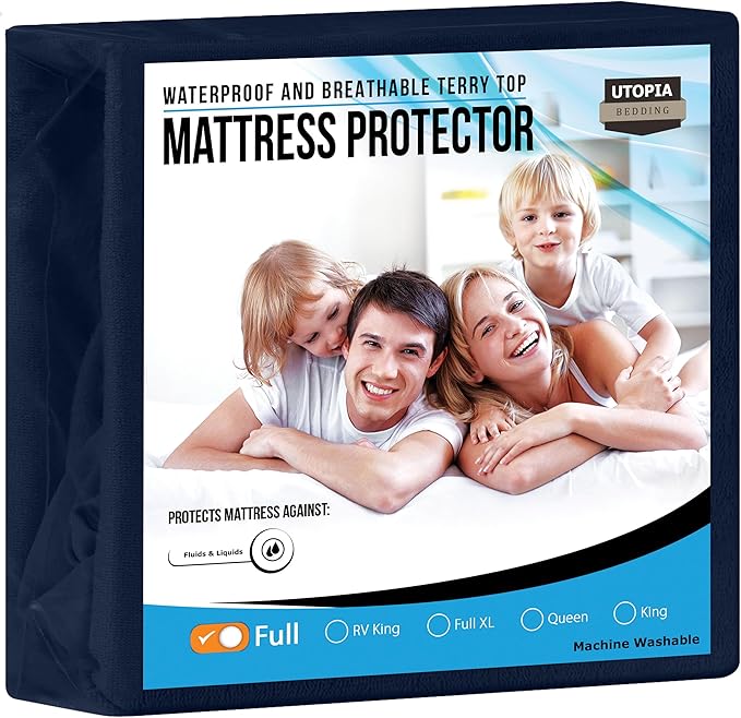 Utopia Bedding Waterproof Mattress Protector Full Size, Premium Terry Mattress Cover 200 GSM, Breathable, Fitted Style with Stretchable Pockets (Navy Blue)
