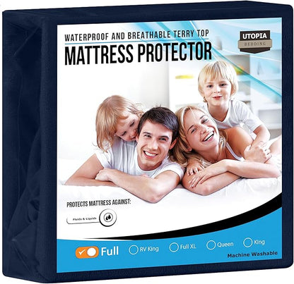 Utopia Bedding Waterproof Mattress Protector Full Size, Premium Terry Mattress Cover 200 GSM, Breathable, Fitted Style with Stretchable Pockets (Navy Blue)