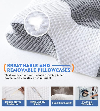 Cervical Pillow for Neck Pain Relief, Hollow Design Odorless Memory Foam Pillows with Cooling Case, Adjustable Orthopedic Bed Pillow for Sleeping, Contour Support for Side Back Stomach Sleepers