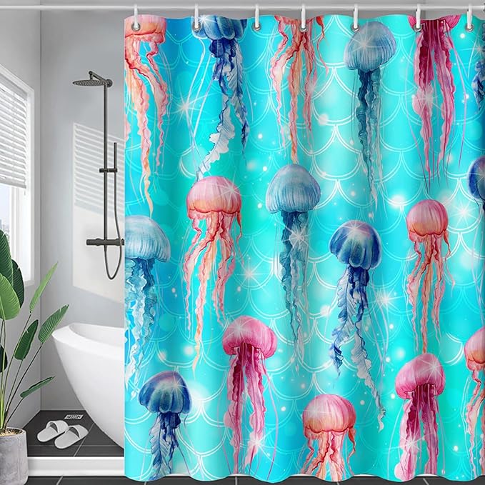 AILONEN Jellyfish Shower Curtain for Bathroom, Ocean Mermaid Scale Printed Bath Curtain,Modern Minimalist Blue Waterproof Fabric Shower Curtain Set with Hooks 72" W*72" H