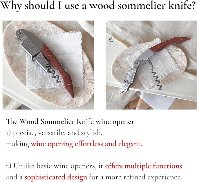 Professional Wood Grapevine Pattern Sommelier Knife With Green Leather Wine Keyring with Ergonomic Wood Grip, Beer Bottle Opener Foil Cutter Waiters Corkscrew Wine Opener