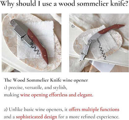 Professional Wood Grapevine Pattern Sommelier Knife With Green Leather Wine Keyring with Ergonomic Wood Grip, Beer Bottle Opener Foil Cutter Waiters Corkscrew Wine Opener