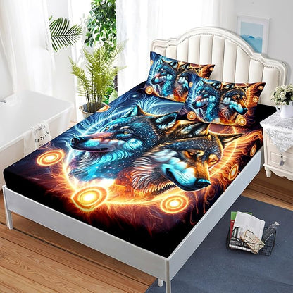 AILONEN Boys Wolf Fitted Sheet Set Queen Wolf Bed Sheet Set, Wildlife Animal Theme Fitted Sheet with 2 Pillowcases,3 Pieces Ice and Fire Light Wolves Print Fitted Sheet Set
