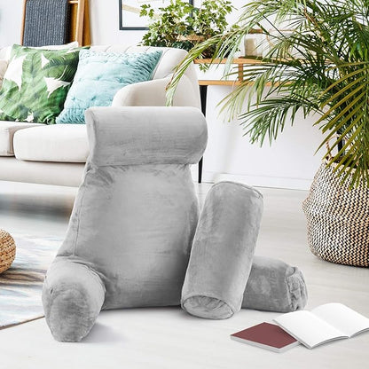 Nestl Reading Pillow Large Bed Pillow, Back Pillow for Sitting in Bed Shredded Memory Foam Chair Pillow, Reading & Bed Rest Pillows Light Grey Back Pillow for Bed, Bed Chair Arm Pillow with Pockets