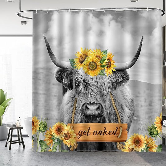 Aimego Highland Cow Shower Curtain - Farmhouse Sunflower Rustic Western Country Get Naked Funny Cute Fabric Cloth Bath Shower Curtain Set with 12 Hooks for Bathroom Decor Accessories, 72"x72"