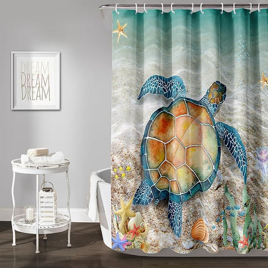 AILONEN Sea Turtle Shower Curtain,Beach Ocean Turtle Bath Curtain with 12 Plastic Hooks,Sea Animal Coast Shell Print Bath Curtain Polyester Waterproof 72" W*96" H