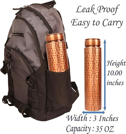 Pure Copper Water Bottle - Handcrafted - Ayurveda Health Benefits - 33 OZ - Leak proof - Easy to carry for Sports, Fitness, Yoga, School - Hammered Copper Matte Finish Vintage.