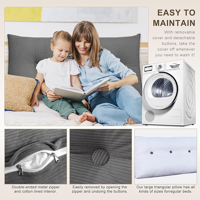 Headboard Pillow - Queen-Sized Headboard Wedge Pillow for Daybeds and Bunk Beds - Durable, Comfortable, with Removable Velvet Cover (Dark gray, 76x20x8Inches)