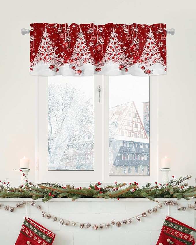 Red Christmas Valance Curtains for Kitchen Windows White Xmas Tree Snowflakes Red Balls Rod Pocket Window Treatment Toppers for Kitchen/Living Room/Bedroom/Bathroom, 42" X 18", Winter