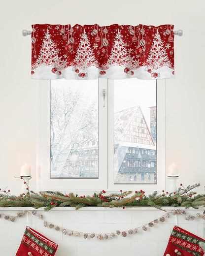 Red Christmas Valance Curtains for Kitchen Windows White Xmas Tree Snowflakes Red Balls Rod Pocket Window Treatment Toppers for Kitchen/Living Room/Bedroom/Bathroom, 42" X 18", Winter
