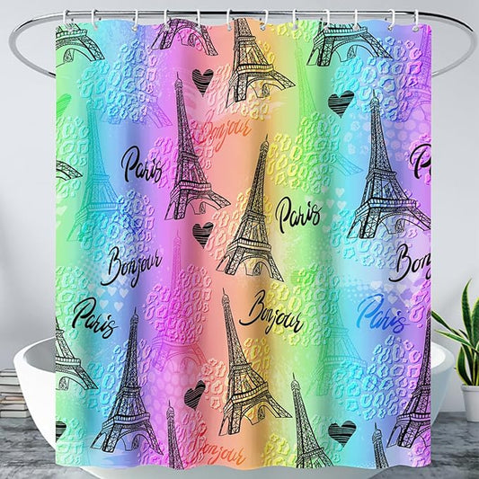 AILONEN Rainbow Shower Curtain for Bathroom, Rainbow Gradient Eiffel Tower Printed Bath Curtain,Women Girls Kids Minimalist Waterproof Fabric Shower Curtain Set with Hooks 48" W*72" H