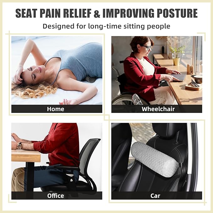 Lumbar Roll Pillow for Lower Back, Lumbar Support Foam Roll Cushion with Pillowcase and Upgraded Strap for Office, Chair, Car, Seat Pain Relief & Improving Posture (Light Grey, Short-11*4.3'')