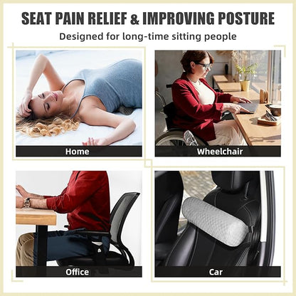 Lumbar Roll Pillow for Lower Back, Lumbar Support Foam Roll Cushion with Pillowcase and Upgraded Strap for Office, Chair, Car, Seat Pain Relief & Improving Posture (Light Grey, Short-11*4.3'')