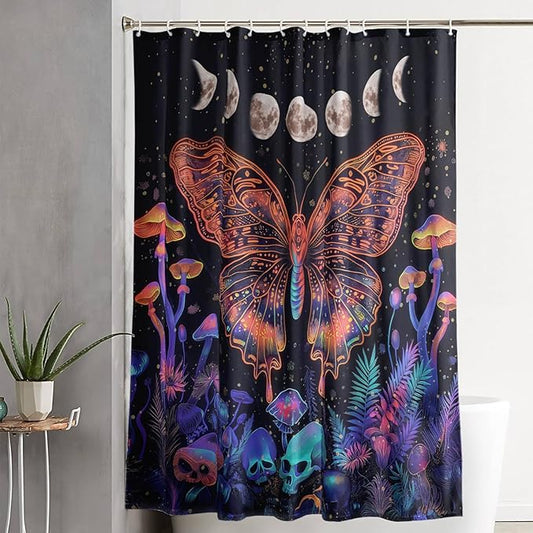 AILONEN Colorful Butterfly Shower Curtain,Magic Mushroom Waterproof Fabric Bath Curtain for Kids Girls,Boho Sun and Moon Skull Shower Curtain Set for Bathroom 72" W*72" H