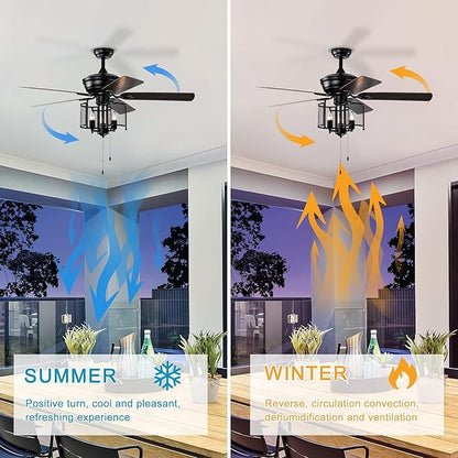 NicBex Ceiling Fan 52 Inch Ceiling Fan with Lights Vintage Ceiling Fans with 5 Blades Ceiling Fan with Lamp Shade and Hand Pull Chain for Bedroom, Living Room, Matte Black