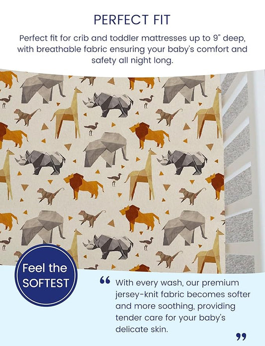 TotAha Premium Stretchy Crib Sheets (2-Pack)-Hypoallergenic, Silky Comfort, Buttery Soft, Calming Effect, All-Season Jersey-Knit Sheets, 9'' Extra Deep Pocket, Zoo Safari & Sea Animals