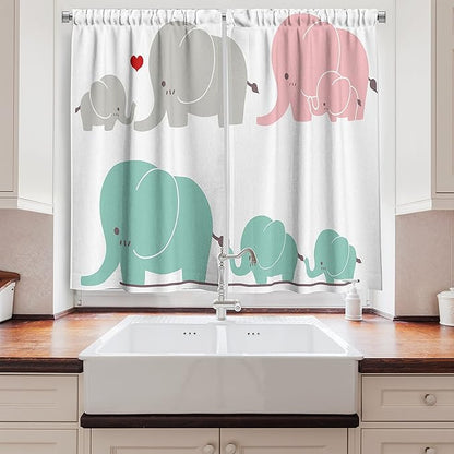 Ambesonne Nursery Kitchen Curtains, Family Love Theme Elephants Mother's Day Theme Baby Children, Window Drapes 2 Panel Set for Kitchen Cafe Decor, 55" x 39", Seafoam Pink