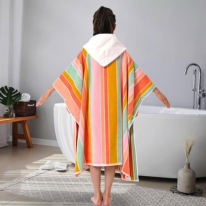 VOOVA & MOVAS Big Kids Hooded Poncho Towels for Teens (8-16Years), 100% Cotton Thick Poncho Towel, Perfect for Pool, Beach, Bath,Pink Blue Purple Stripe