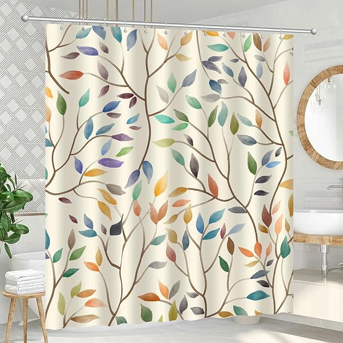 Boho Floral Shower Curtain, Spring Colorful Botanical Flower Leaves Bohemian Yellow Fabric Shower Curtain Set with 12 Hooks, Bathroom Bathtub Accessories Decor Cloth Curtain 60x72 Inches