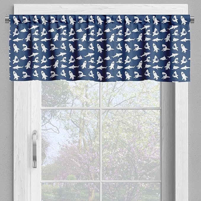 Ambesonne Shark Valance & Tier Curtain 3 pcs Set, Fish Pattern Various Gestures Have a Bite Danger Humor Nautical Design, Window Treatments for Kitchen Room Decor, 55" x 24", Blue Violet