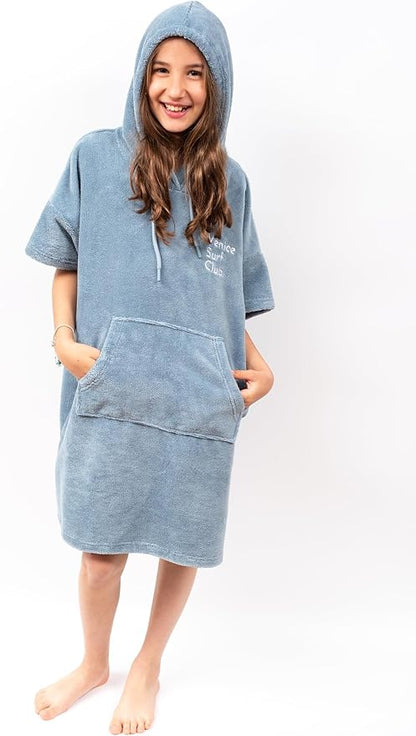 Cotton/Microfiber Kids Surf Poncho, Wetsuit Changing Towel Bath Robe with Hood and Pocket for Ages 3-7 and 8-12 (Aqua Blue, 3-7 Years)
