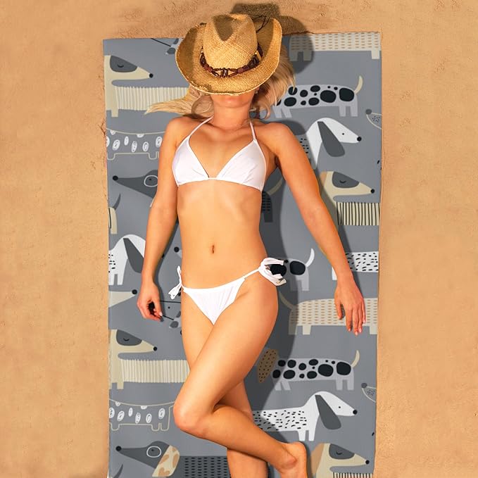 Beach Towel Oversized, Cute Dachshund on Grey Microfiber Beach Towels, Lightweight, Absorbent, Quick Dry, Sand-Free Beach Blanket, Unique and Ideal Gift for Camping, Pool,Yoga, 29.5” X 59”