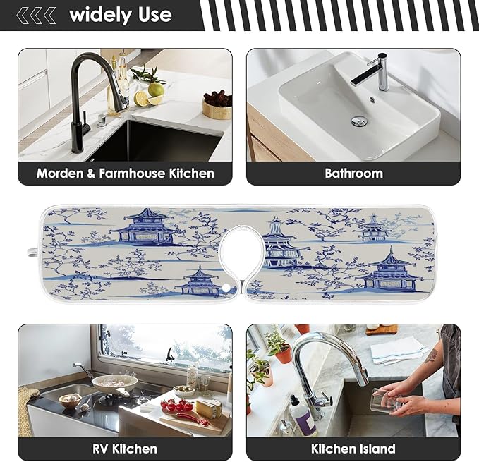 Kitchen Faucet Absorbent Mat, Ink Chinese Pagodas Trees Water Splash Guard for Sink, Faucet Drip Catcher Thicken Sponge Microfiber Faucet Water Catcher Mat Sink Absorbent Mat for Kitchen 14x5in 2Pack
