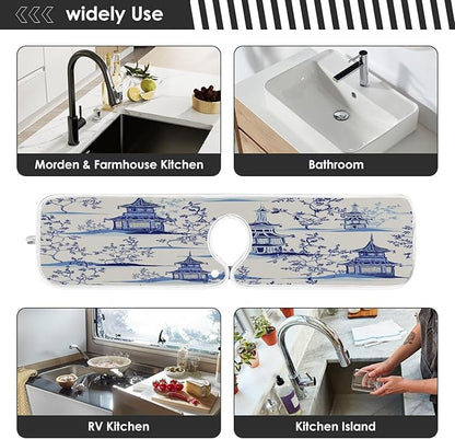 Kitchen Faucet Absorbent Mat, Ink Chinese Pagodas Trees Water Splash Guard for Sink, Faucet Drip Catcher Thicken Sponge Microfiber Faucet Water Catcher Mat Sink Absorbent Mat for Kitchen 14x5in 2Pack