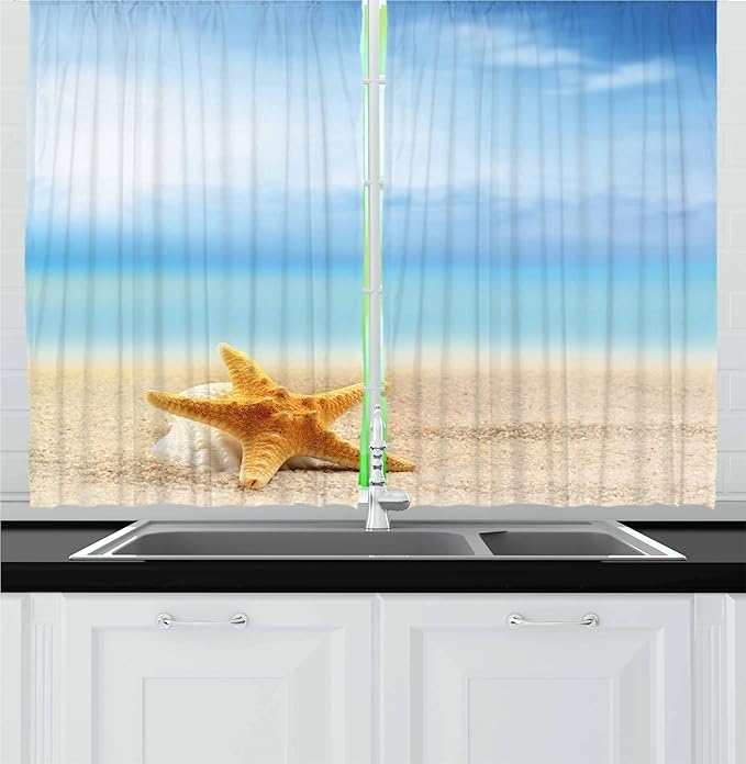 Ambesonne Starfish Kitchen Curtains, Scallop Seashell and Starfish Close up Sandy Beach Idyllic Ocean Backdrop Design, Window Drapes 2 Panel Set for Kitchen Cafe Decor, 55" x 24", Earth Yellow