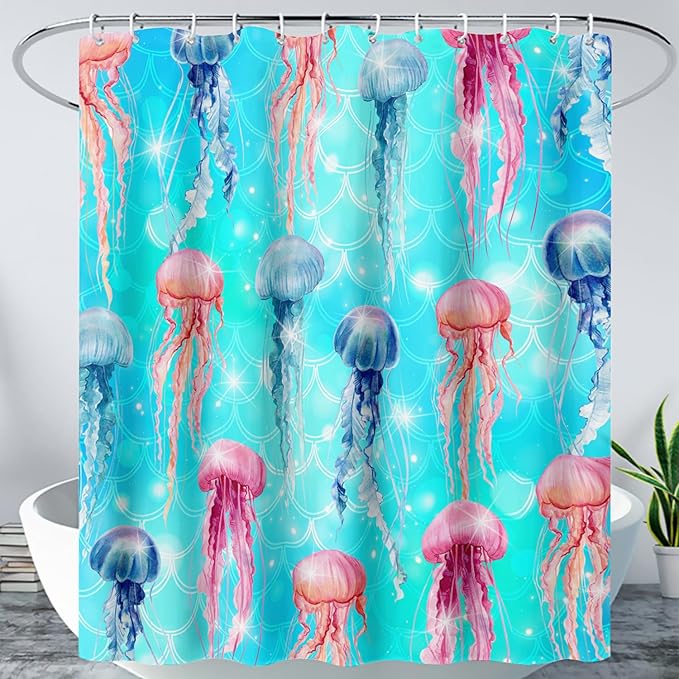 AILONEN Jellyfish Shower Curtain for Bathroom, Ocean Mermaid Scale Printed Bath Curtain,Modern Minimalist Blue Waterproof Fabric Shower Curtain Set with Hooks 72" W*72" H