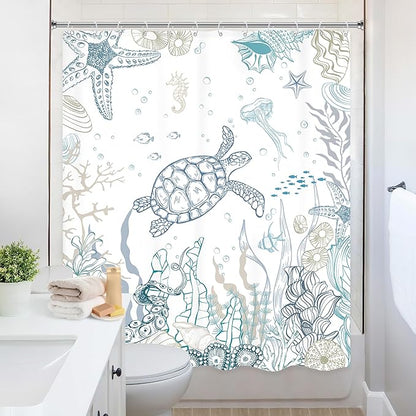 Nautical Coastal Sea Turtle Shower Curtain Ocean Beach Starfish Seashell Coral Underwater Animal Octopus Sealife Summer 60Wx72L Inch Bathroom Set Bath Curtain Bathtub Accessories Home Decor