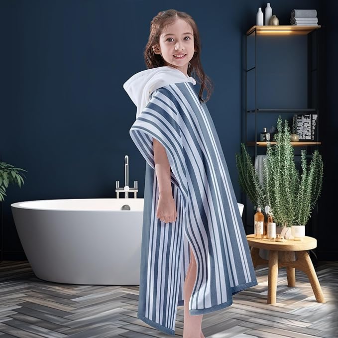 VOOVA & MOVAS Hooded Beach Towels for Boys| Girls | Teens (8-16Years), 100% Cotton Thick Poncho Towel Robe for Kids, Perfect for Pool, Beach, Bath and Gifts, Grey Cabana Stripe Design