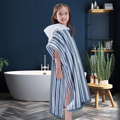 VOOVA & MOVAS Hooded Beach Towels for Boys| Girls | Teens (8-16Years), 100% Cotton Thick Poncho Towel Robe for Kids, Perfect for Pool, Beach, Bath and Gifts, Grey Cabana Stripe Design