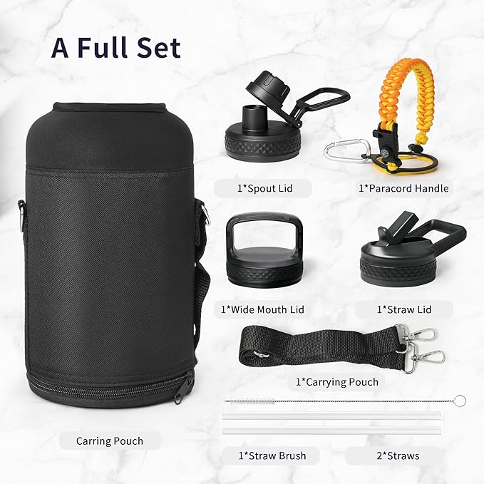 Trebo Half Gallon Water Bottle with Paracord Handle 64oz Wide Mouth Insulated Double Wall Stainless Steel Large Sports Flask Keep Hot 24 Hours & Cold 48 Hours Water Jug with 3 Lids, Orange