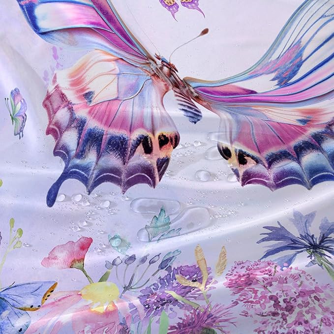 AILONEN Colorful Butterfly Shower Curtain for Girl Women,Purple Flower Beautiful Butterfly Printed Bath Curtain 48" W*72" H Polyester Fabric Waterproof Bathroom Bathtub Curtain with 12 Hooks