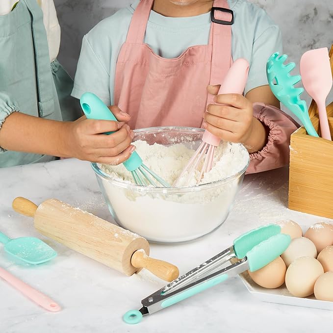 Kids Cooking & Baking Sets Real Little Chef Cooking Utensils Kitchen Set Gifts for Girls Boys Juniors with Utensils Cutting Board Kids Safe Knife Rolling Pin Apron Carrying Basket (Mint Green)