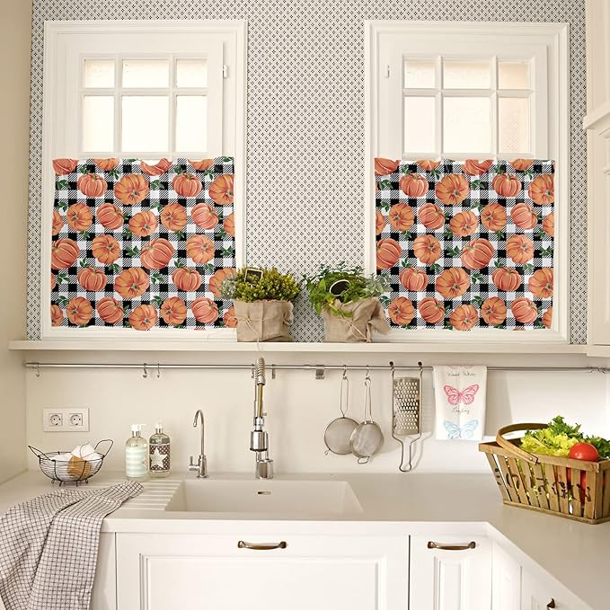 Fall Kitchen Curtains and Valances Set, Thanksgiving Halloween Pumpkins Small Window Treatments Tiers Half/Short Curtains for Cafe /Living Room/ Bedroom 54x 36 in, Farmhouse Black White Buffalo Plaid