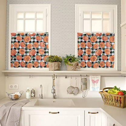 Fall Kitchen Curtains and Valances Set, Thanksgiving Halloween Pumpkins Small Window Treatments Tiers Half/Short Curtains for Cafe /Living Room/ Bedroom 54x 36 in, Farmhouse Black White Buffalo Plaid