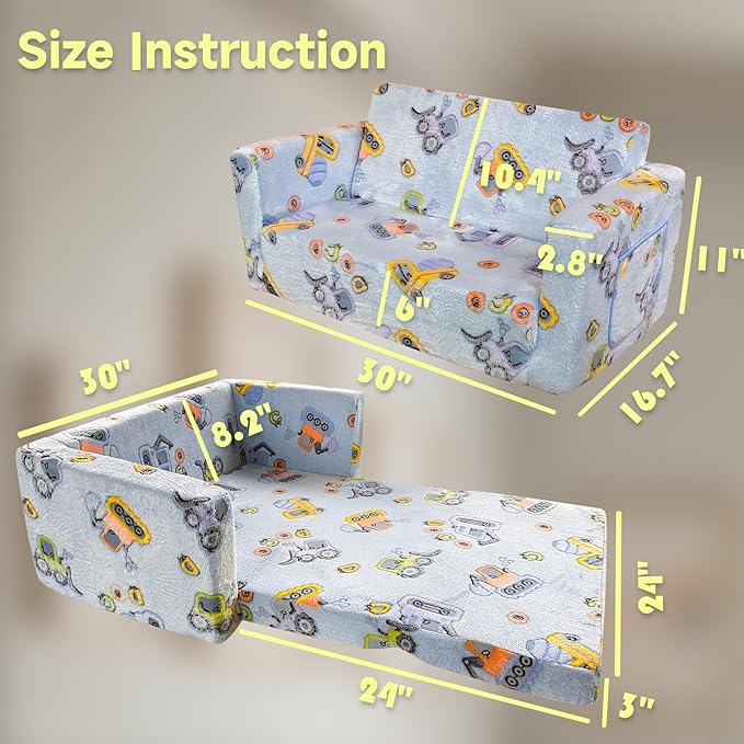 Kids Sofa, Glow in The Dark Toddler Chairs Children's Extra Wide Convertible Sofa to Lounger - Extra Soft 2 Seats 2 in 1 Flip Open Chair & Sleeper, Toddler Couch, Kids Sofa Bed
