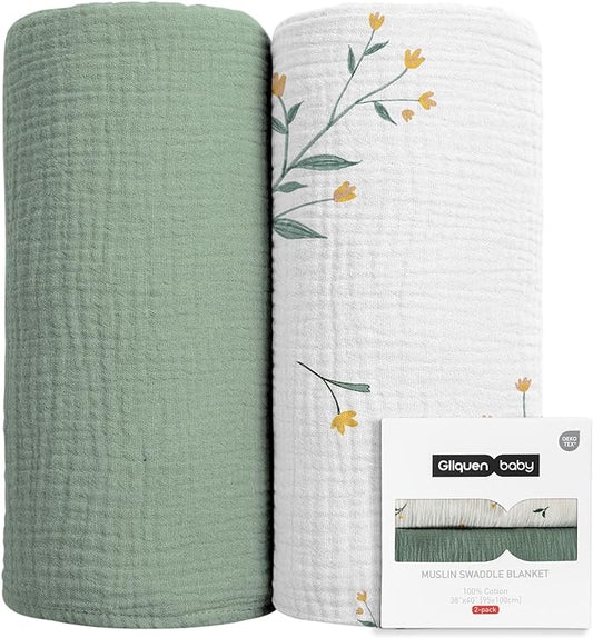 GLLQUEN BABY 2-Pack Muslin Swaddle Blankets for Unisex, Baby Swaddle Blanket for Boys and Girls, Soft Breathable Receiving Blankets Neutral, Newborn Essentials, Registry & Gift