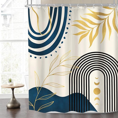 MESHELLY Navy Blue Boho Shower Curtain 60Wx72H Gold Leaves Moon Phase Minimalist Arch Bathroom Curtain Modern Bath Curtain Cloth Fabric Abstract Mid Century Bathroom Accessories Decor with 12 Hooks