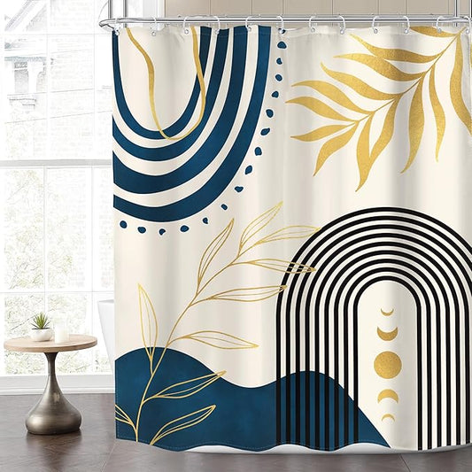 MESHELLY Navy Blue Boho Shower Curtain 60Wx72H Gold Leaves Moon Phase Minimalist Arch Bathroom Curtain Modern Bath Curtain Cloth Fabric Abstract Mid Century Bathroom Accessories Decor with 12 Hooks