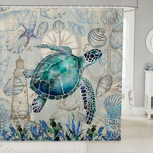 Feelyou Sea Turtle Fabric Shower Curtain Under Sea Animals Shower Curtain for Kids Shells and Corals Bathroom Waterproof Accessories with 12 Hooks Watercolor Green and Brown Curtains,72X78 Inches