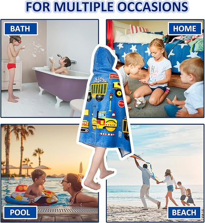 Toddler Bath Towel Hooded - Cotton Kids Beach Towel 30"x50" for Ages 3 to 10, Soft Terry Poncho Towel as Pool Swim Cover Ups for Girls Boys(Construction Site Blue)