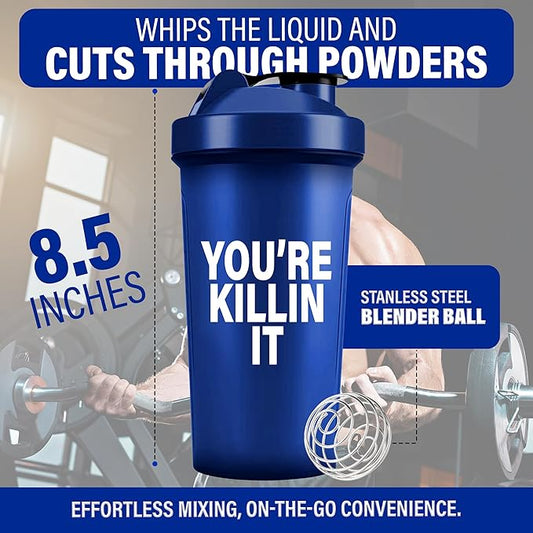 Shaker Bottles for Protein Shakes 24oz, Plastic Bottle for Pre and Post Workout, Protein Shaker Bottle with Wire Whisk Ball, Shaker Cup, Dishwasher Safe (YOU'RE KILLIN IT, BLUE)