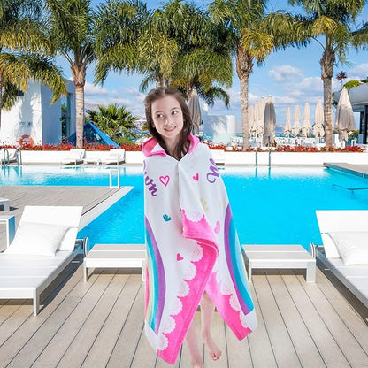 VOOVA & MOVAS Kids Towels with Hood Age 3-10, Soft | Thick | 100% Cotton | Absorbent | Large Wrap| Cover Up, Perfect for Beach, Pool, Bath, Swim, White Magic Unicorn